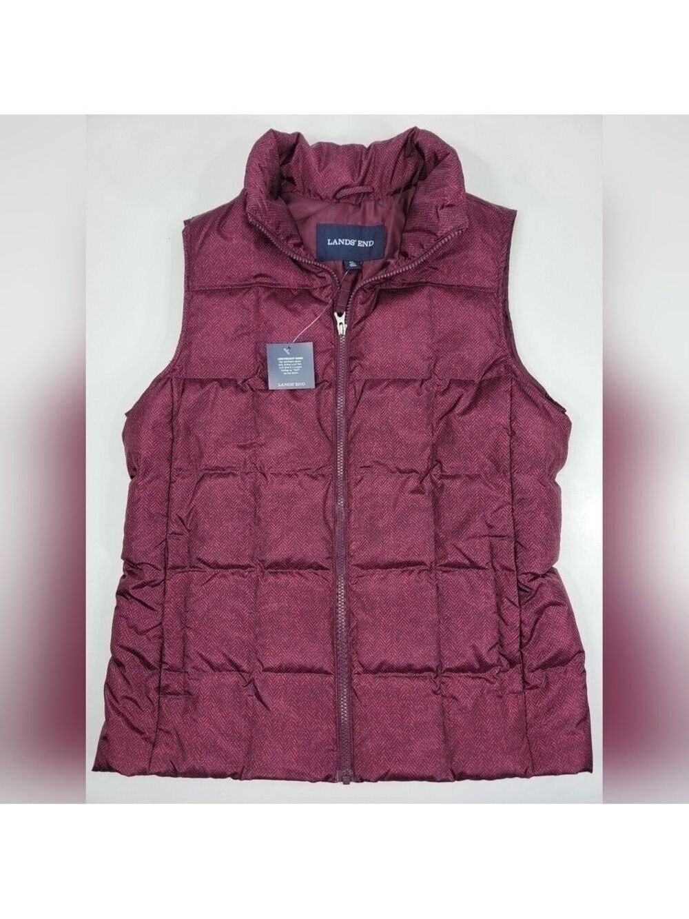NEW Lands' End Down Puffer Vest Jacket Women's M Zip-Up Burgundy Herringbone NWT
